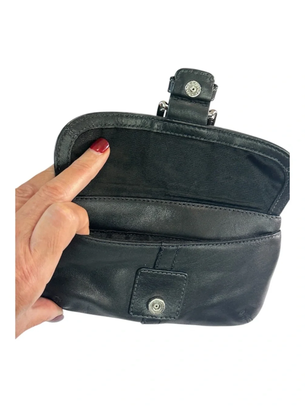 Coach Black Leather Wristlet Clutch with Silver Buckle Excellent Condition